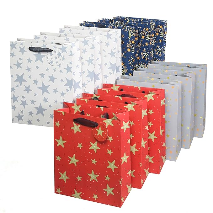 Luxury Set of 12 Gift Bags 4 Designs with Ribbon Handles