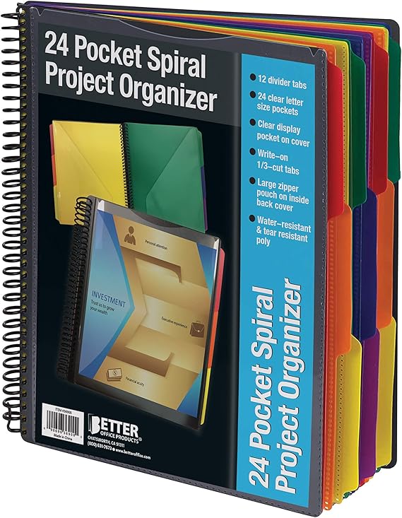 24 Pocket Poly Spiral Project Organizer, Heavy Duty, with Back Cover