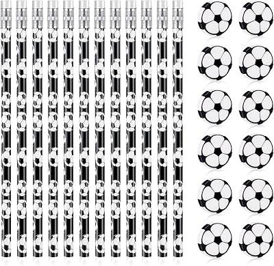 AUAUY Soccer Pencils 12 Pcs Theme Wooden with Erasers Unsharpened Gift Set