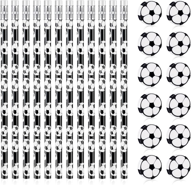 AUAUY Soccer Pencils 12 Pcs Theme Wooden with Erasers Unsharpened Gift Set