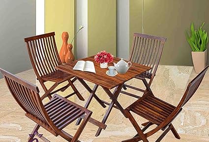 Js Home Decor Sheesham Wood Dining Set Buck Folding Chairs and Square Table for Linving Room | Set of 5, Brown