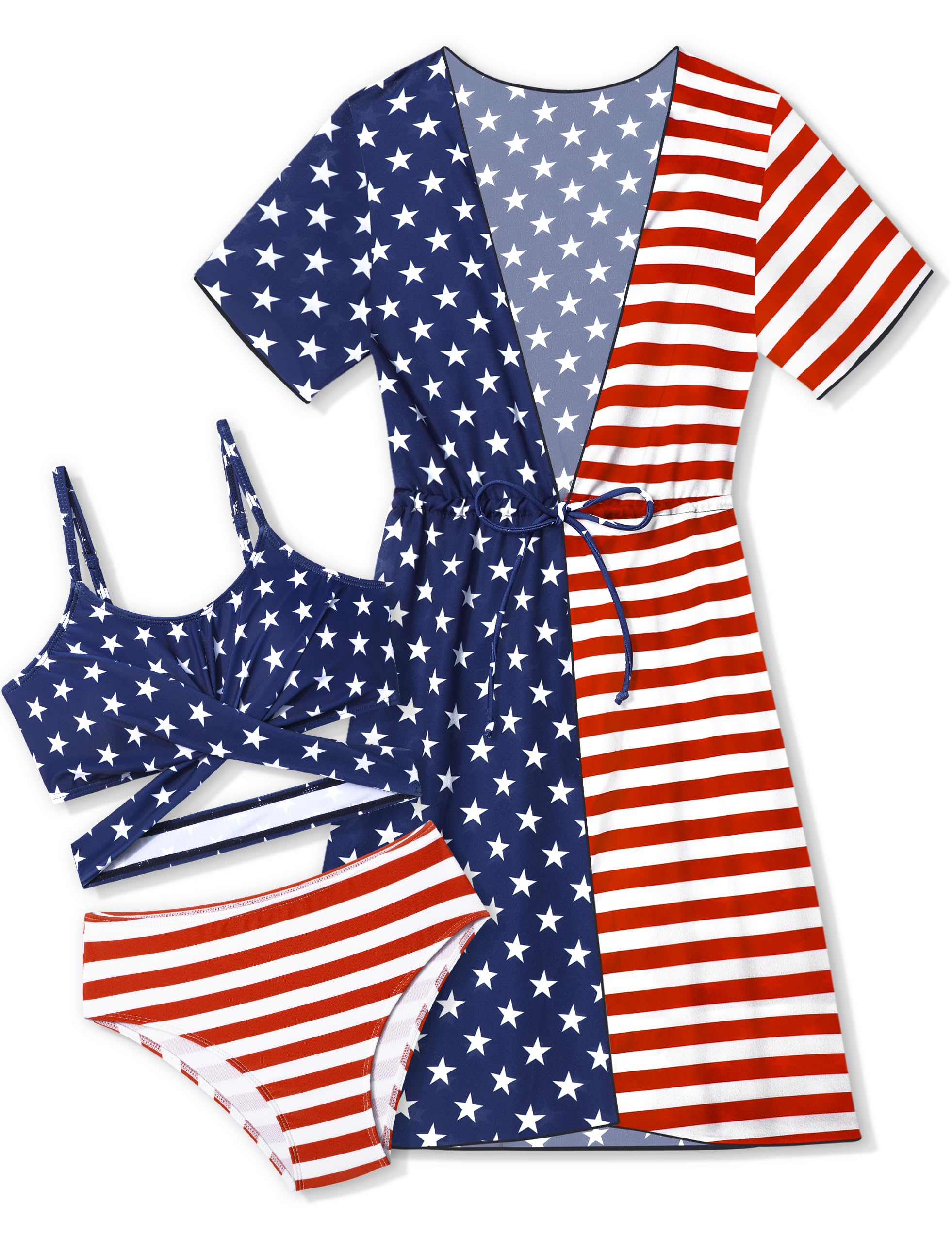 Photo 1 of **MISSING PARTS**Girls Swimsuit Swimsuits for Teens 3 Piece American Flag Criss Cross Bikini Set with Cover Up Bathing Suits for Teens Girls 4th of July Swimsuit Red White Blue