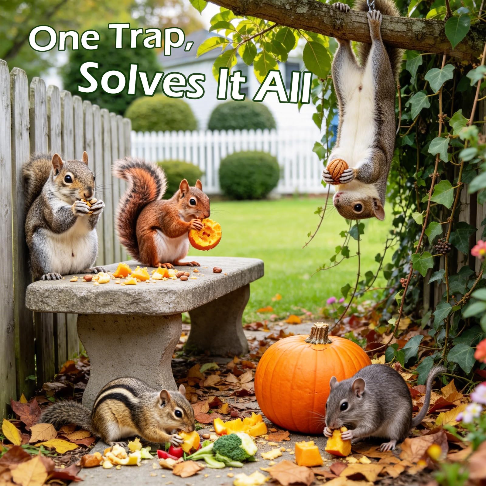 Condition photo showing New/Like New for squirrel traps, outdoor heavy-duty squirrel traps, rodent trap for patios, squirrel trap for outdoor