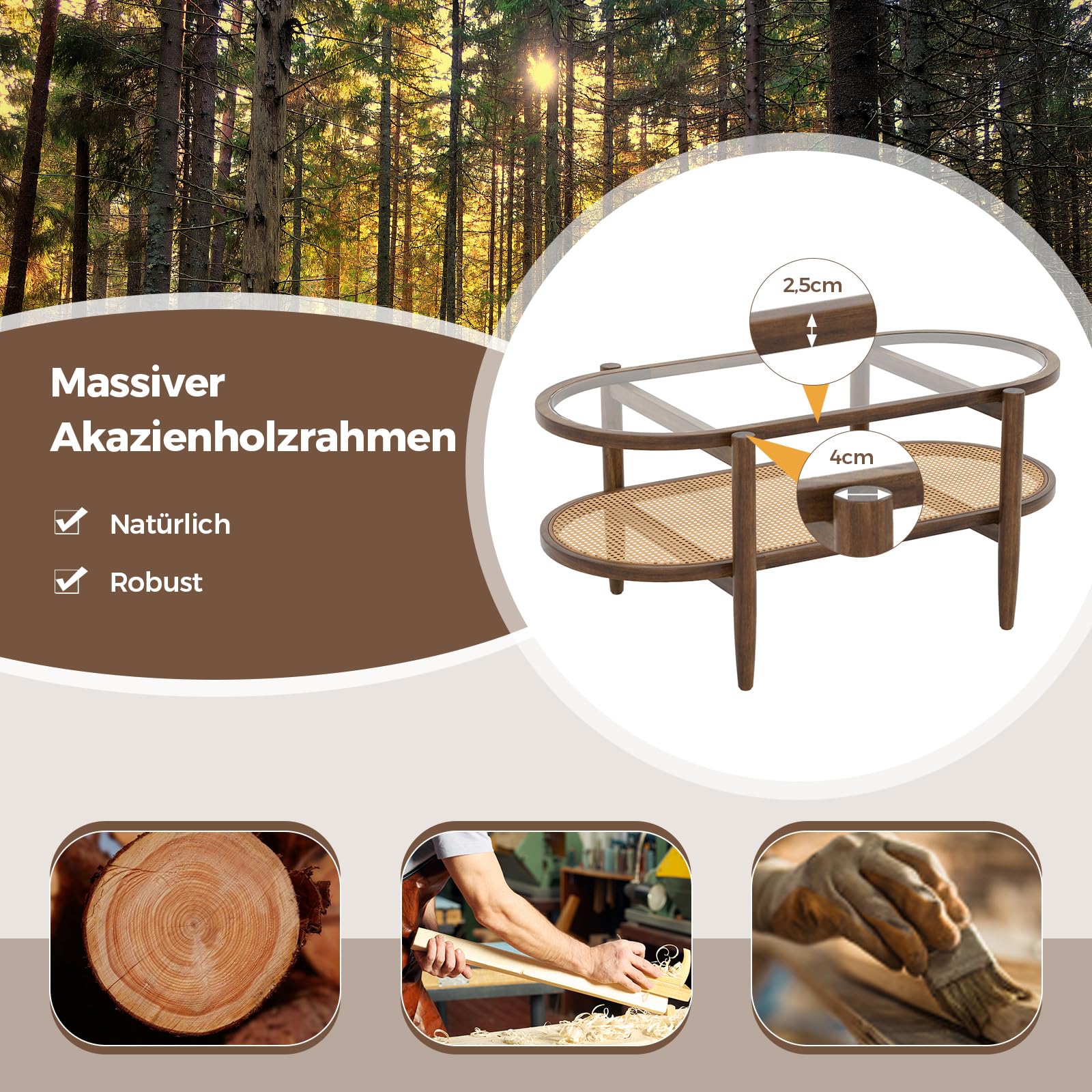 COSTWAY Couchtisch, Beistelltisch mit Glas Tischplatte & Rattan Ablage, Wohnzimmertisch mit Holzbeinen & Holzrahmen, Kaffeetisch für Wohnzimmer, Büro, 102 x 56 x 47 cm (Braun) 5