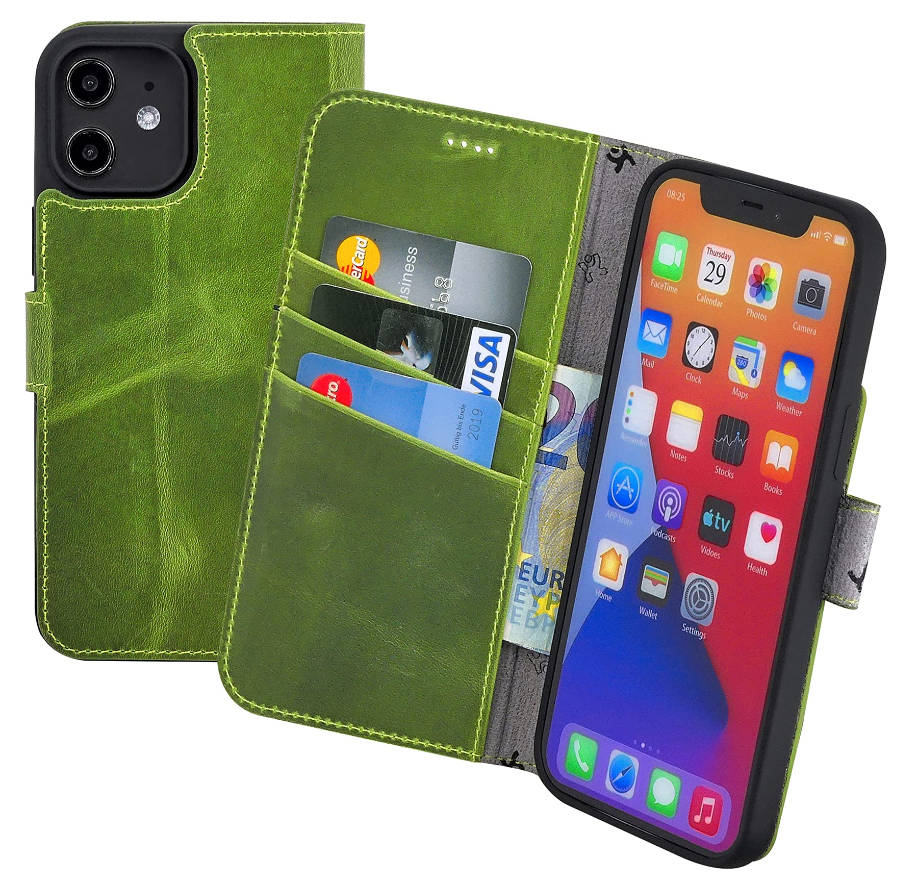 Suncase Book-style case compatible with iPhone 12 (6.1 inch) leather case (slim fit) leather mobile phone case protective case with 3 card slots in antique kiwi green