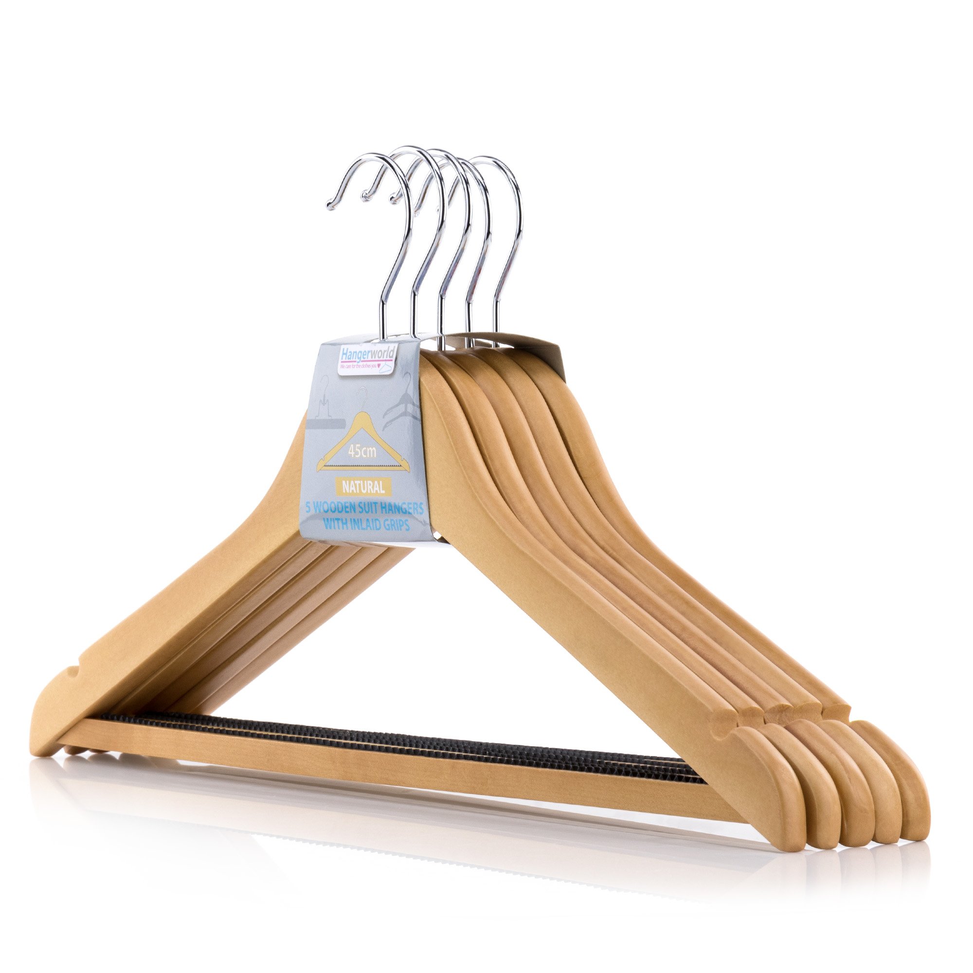HANGERWORLD 5 Premium 45cm Natural Wooden Clothes Coat Garment Hangers with Inlaid Non Slip Trouser Bar