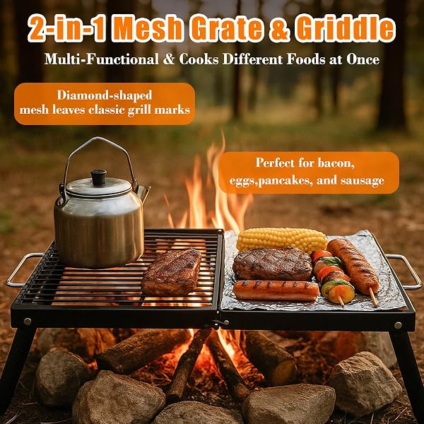 GRILL FORCE FOLDING CAMPFIRE GRILL,ENAMELED COATING GRATE, HEAVY DUTY CAMP GRILL GRATE, PORTABLE CAMPING GRATES OVER FIRE PIT, CAMPFIRE GRILL COOKING EQUIPMENT WITH CARRYING BAG FOR OUTDOOR COOKING