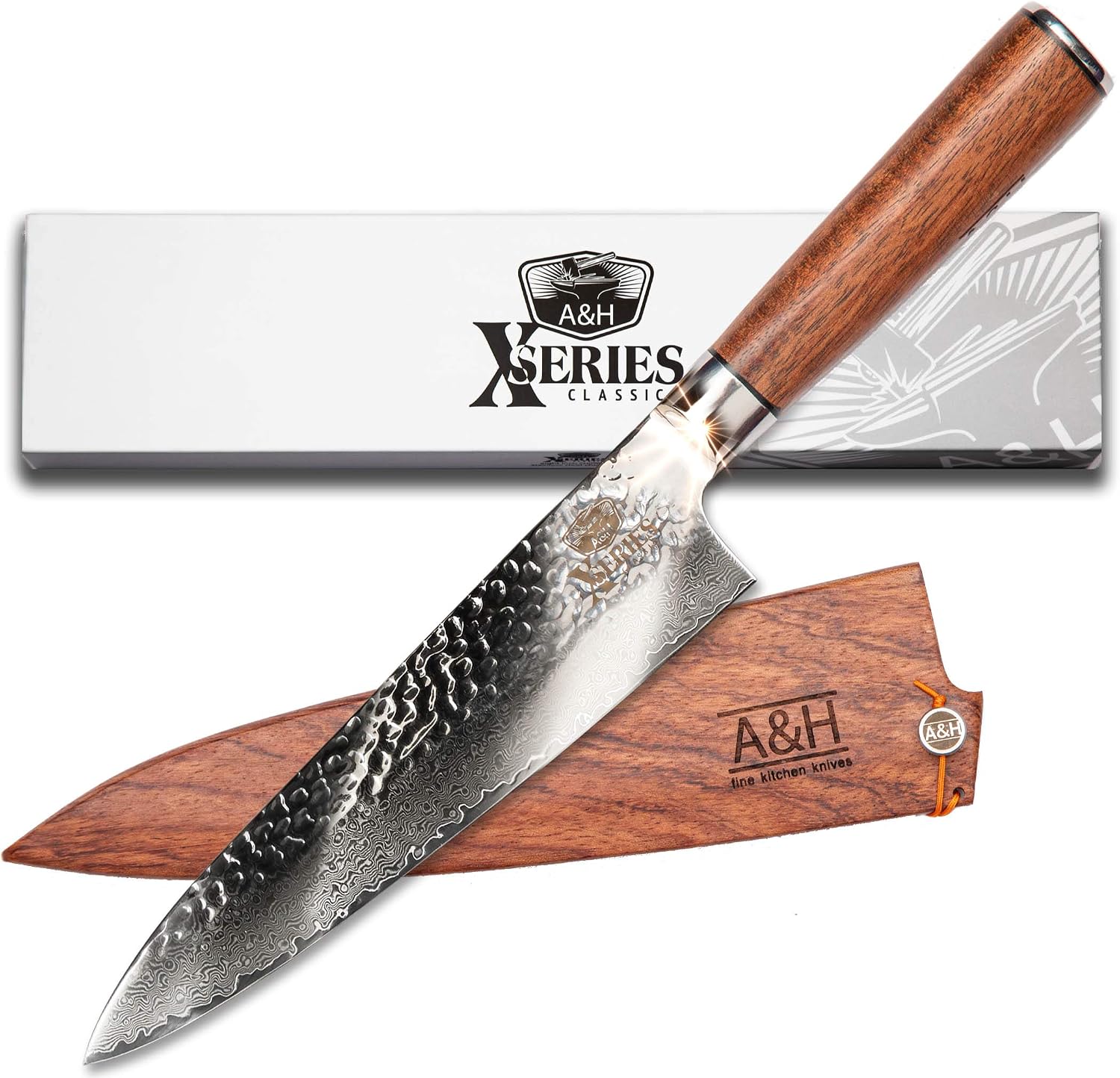 Amazon Com Anvil Hammer Professional Damascus Chef Knife With Sheath 8 67 Layer Vg 10 Steel Hammer Finish Blade All Purpose Kitchen Knife With Full Tang Rosewood Handle Kitchen Dining