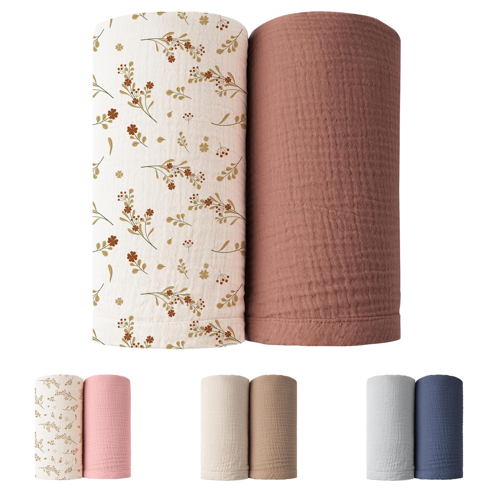 Winmany 2Pack Baby Muslin Swaddle Blankets Newborn Boy Girl Nursery Receiving Blanket Swaddling Wrap Baby Essentials for All Year 100x100cm/40x40in (Rust Red+Red Flower)