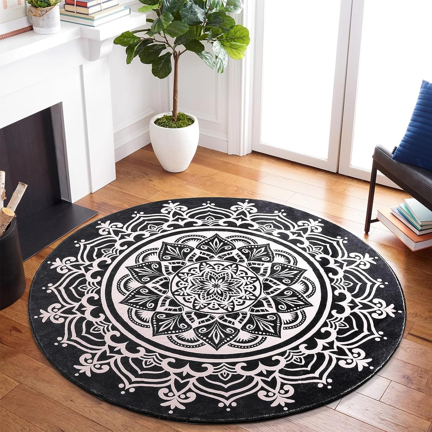 Carvapet Round Area Rug 90cm/3ft Soft Fluffy Circle Carpet Rug Short Pile Non Slip Washable Bohemian Mandala Floor Round Rugs for Living Room Bedroom(Black)