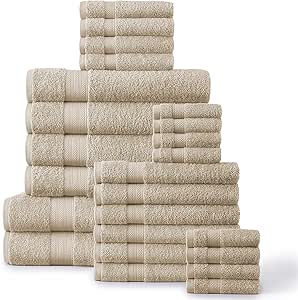 24 pc Taupe Bath Towels Set - 100% Ring Spun Cotton, Oversize Bath Sheets, Highly Absorbent Bathroom set for Home and Spa, 2 Bath Sheets,4 Bath Towels,6 Hand Towels,8 Washcloths,4 Fingertip - Beige