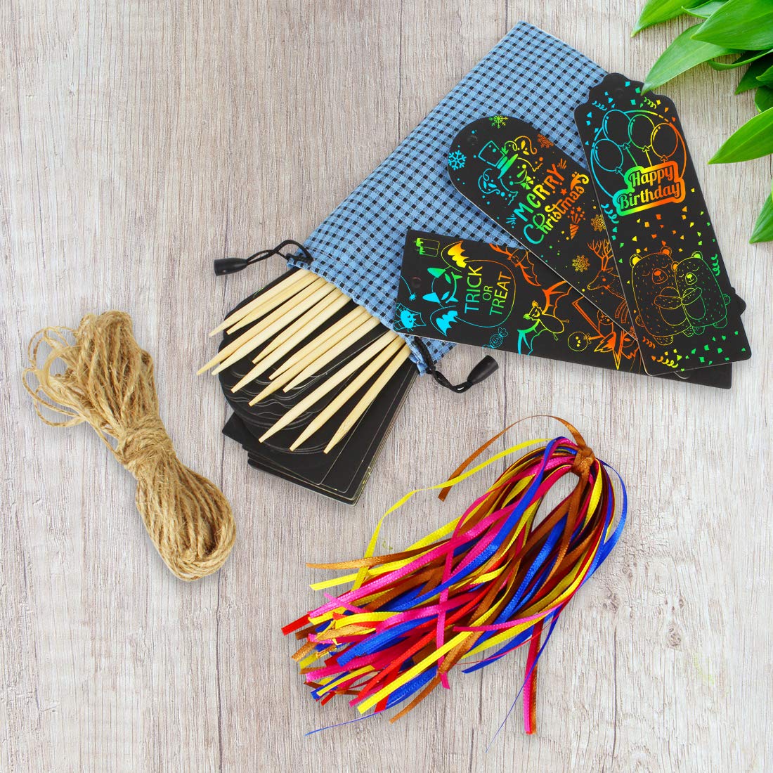 KOMIWOO Scratch Rainbow-Bookmarks, Magic Scratch Paper Art Bookmarks DIY Gift Tags with Satin Ribbons, Wood Stylus, Rope, Storage Bag for Kids Party and Arts & Craft Activity