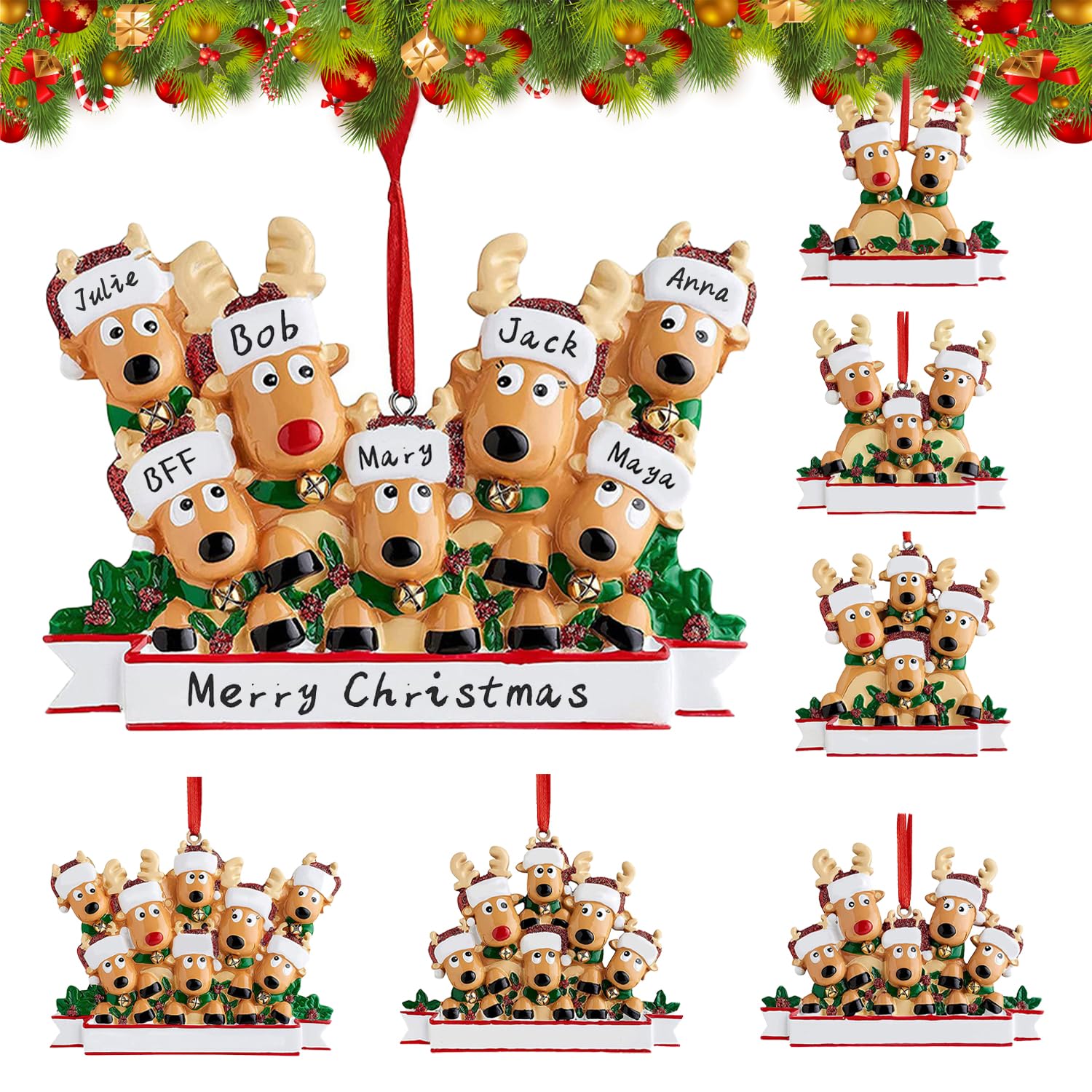 2025 Christmas Reindeer Family Decorations, Personalized DIY Christmas Ornaments Tree Hanging Pendant Family of 2,3,4,5,6,7,8, Xmas Decor Gifts for Home (Family of 7)