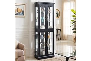 CKEASEAN Lighted Curio Cabinet 71" Vintage Glass Display Case with Adjustable Shelves, 4 Tempered Glass Doors, Bulb Included, Wooden Square Wine Bar China Cabinet for Living Room Liquor Storage (Black)