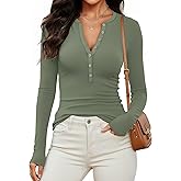 Prettywear Womens Long Sleeve Henley Shirts 2026 Spring Fashion Clothing Fitted Casual Basic Cute Tops Button V Neck T-Shirts