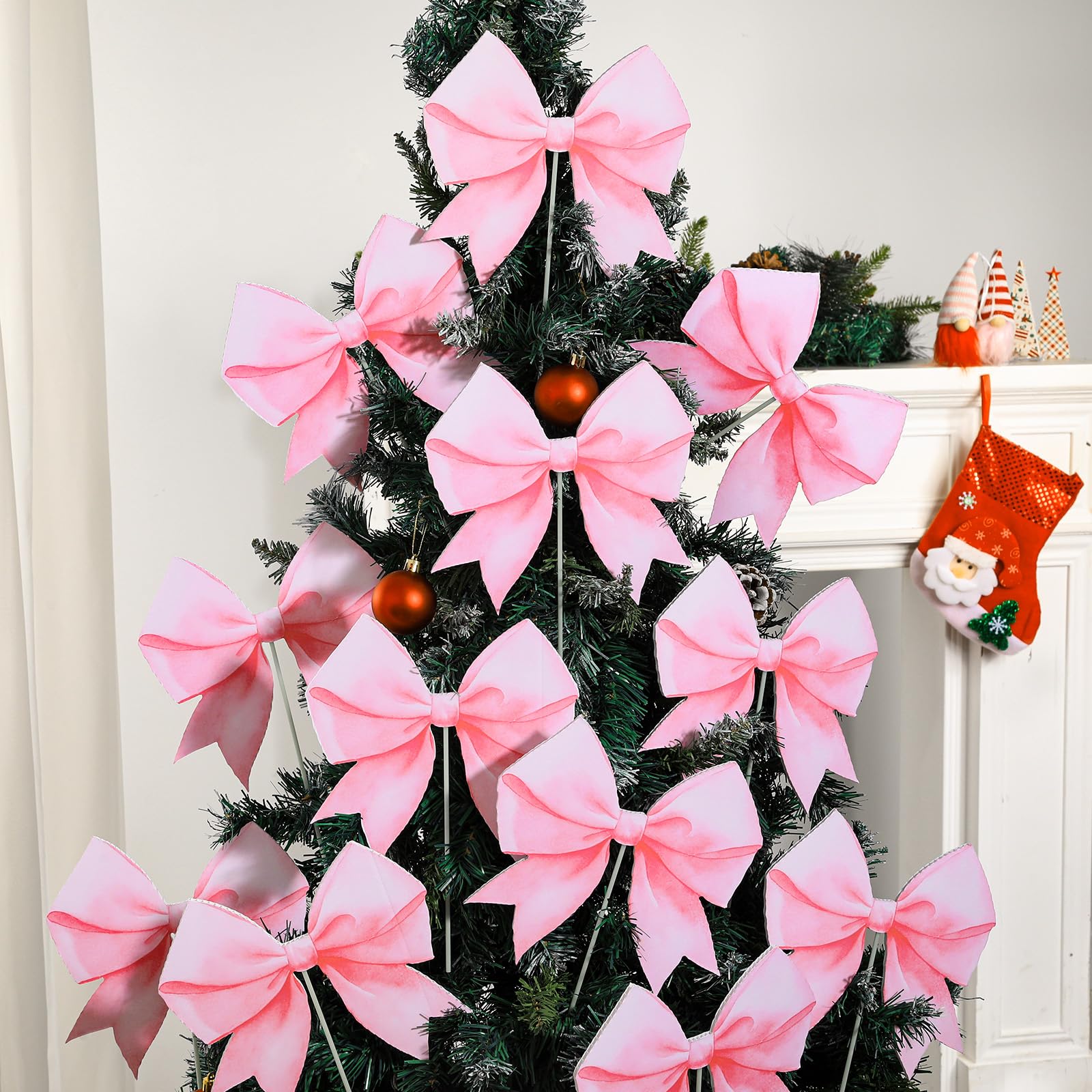 Photo 1 of 12 PCS Large Pink Bow Christmas Ornaments Christmas Tree Picks Decorations Coquette Rustic Pink Bow Xmas Tree Topper Ornaments for Home Office Winter Holiday Xmas Party Supplies