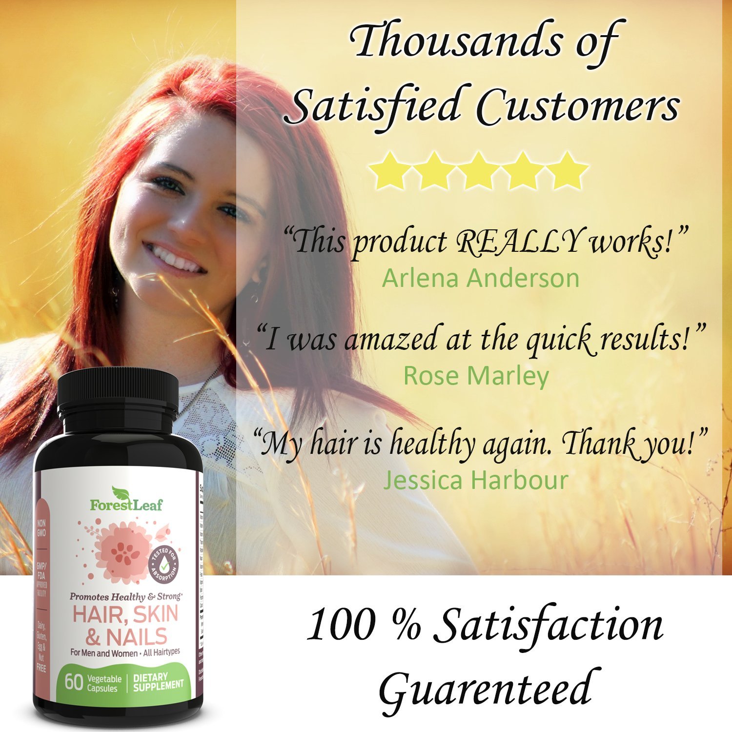 Hair Skin and Nails Supplement For Men and Women - All Natural Biotin, Keratin, Bamboo Regrowth Formula For All Hair Types - 60 Vegetarian Capsules – By Forestleaf