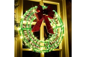 IJG 16 Inches Christmas Acrylic Wreath with Twinkle Lights, 320 LED Warm White Fairy Lights,Christmas Lighted Werath Timer/Waterproof with Red Bow for Christmas Party Wall Decoration