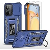 Asuwish Phone Case for Xiaomi Redmi 13C 4G/Poco C65 with Tempered Glass Screen Protector and Slide Camera Cover Ring Holder Kickstand Slim Cell Accessories Hybrid Redmi13C G4 65C Women Men Navy Blue