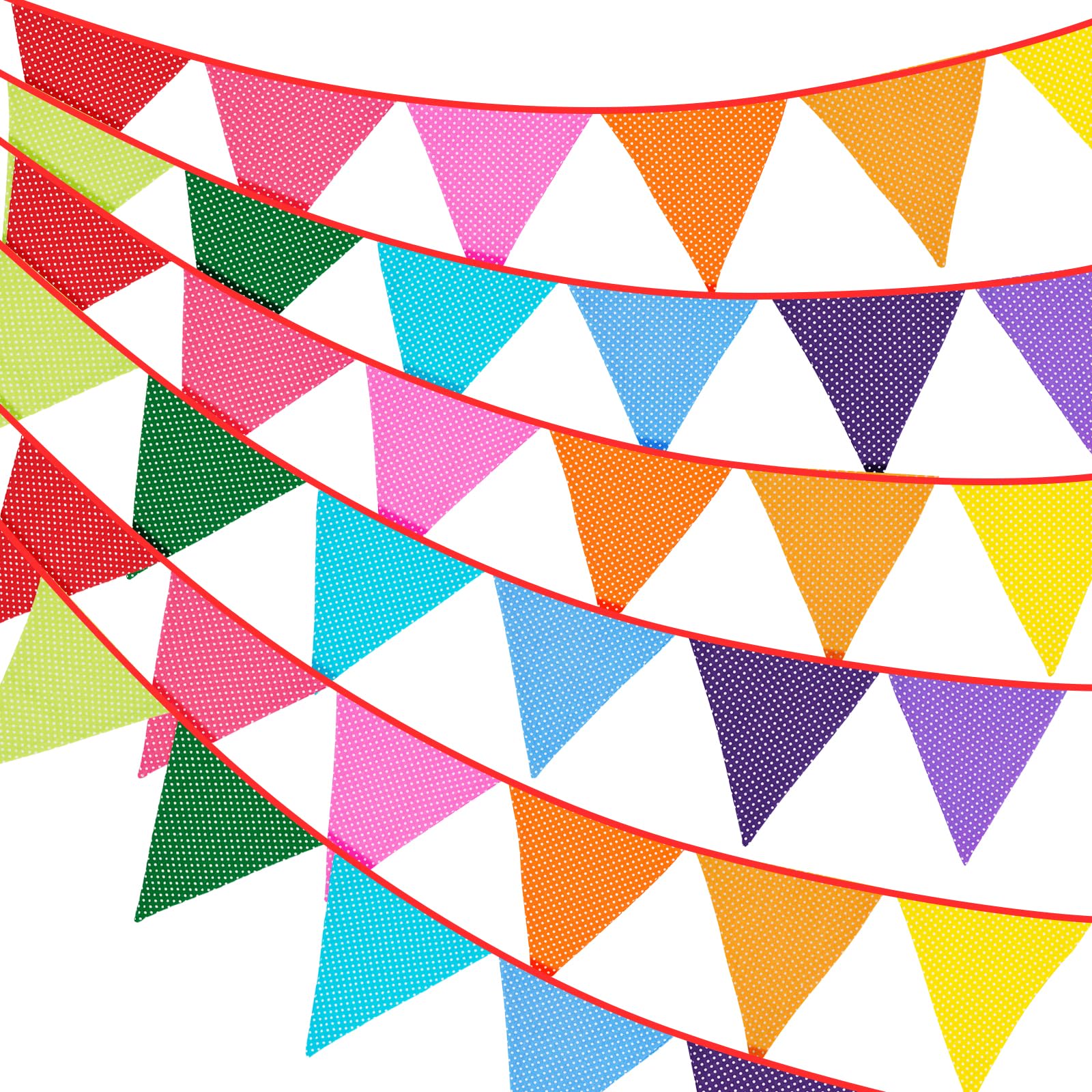 G2PLUS 36PCS Double Sided Fabric Bunting, 10M Red and Yellow Floral Cotton Banner, 17x19CM Large Triangle Garland Reusable for Indoor and Outdoor Party Decoration