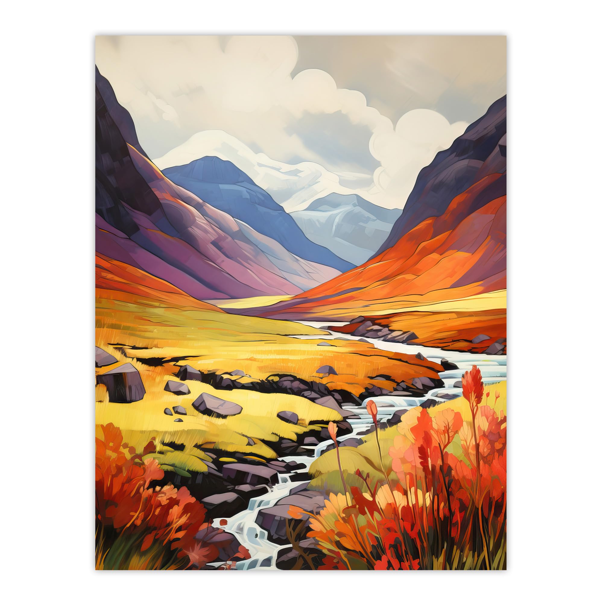 Artery8 Scotland Glencoe Valley Vibrant Oil Painting Majestic Mountains And River With Heather Shrubs Extra Large XL Wall Art Poster Print