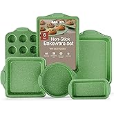 BAKKEN Kitchen Baking Pan Set - Nonstick Green Marble Coating, Carbon Steel Bakeware Sets with Green Silicone Handles, Kitchen Essentials, PFOA, PFOS, PTFE Free, Oven Safe (Up To 450° F), Set of 6