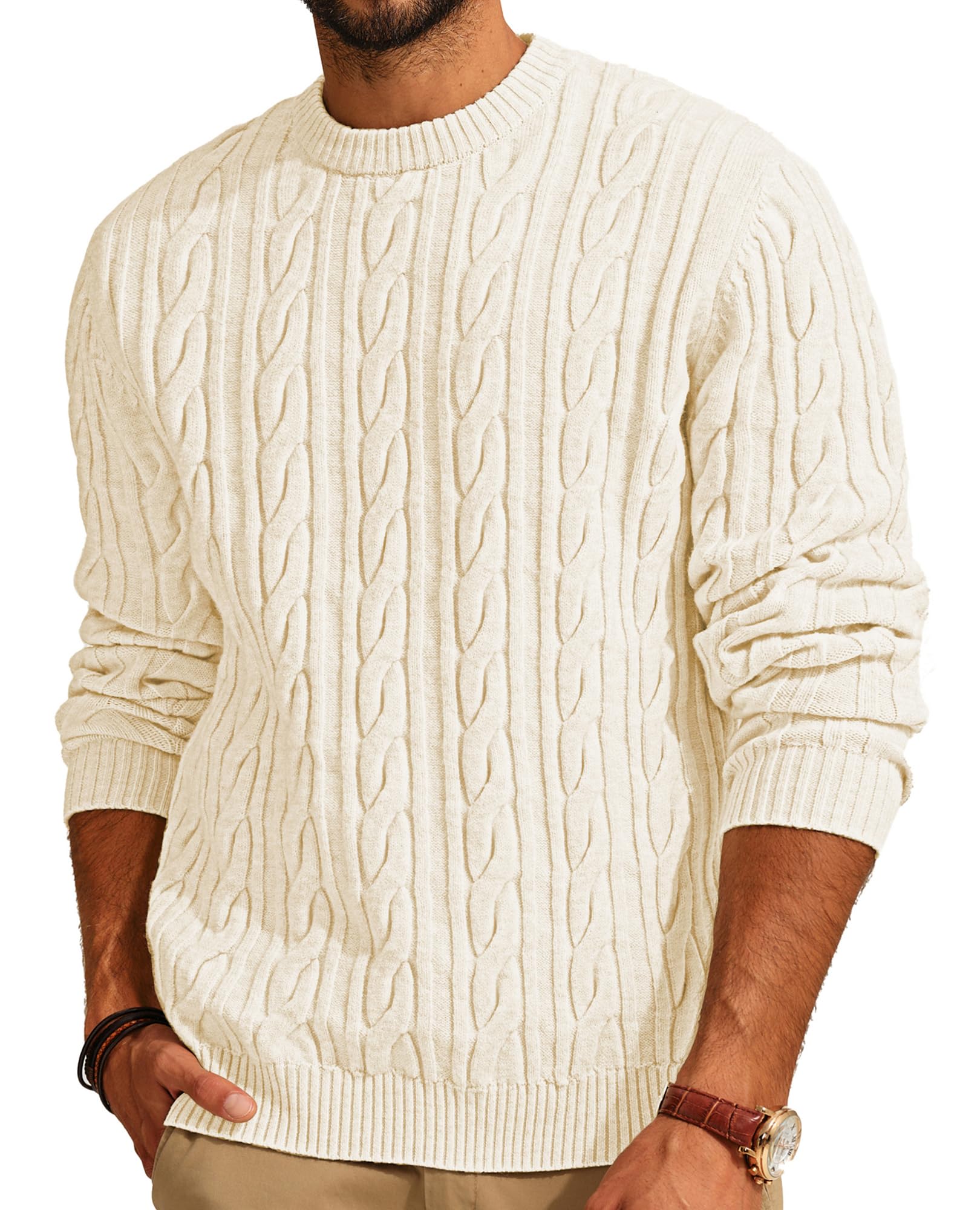PJ PAUL JONES Mens Sweater White Cable Knit Sweaters Casual Crewneck Pullovers Long Sleeve M Image