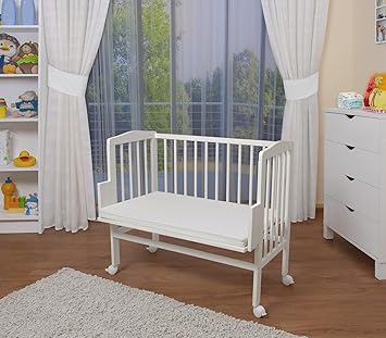 WALDIN Baby Beistellbett mit Matratze, höhen-verstellbar, 2 Modelle wählbar,Buche Massiv-Holz weiß lackiert