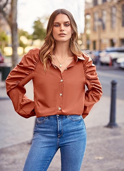 PRETTYGARDEN WOMEN’S 2024 FALL FASHION BUTTON DOWN SHIRTS RUCHED LONG SLEEVE BUSINESS CASUAL BLOUSE TOPS (ORANGE,SMALL)