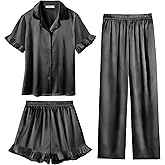 Arshiner Girls Pajamas Sets 3 Piece Silk Pjs Short Sleeve Sleepwear Satin Ruffle Nightwear