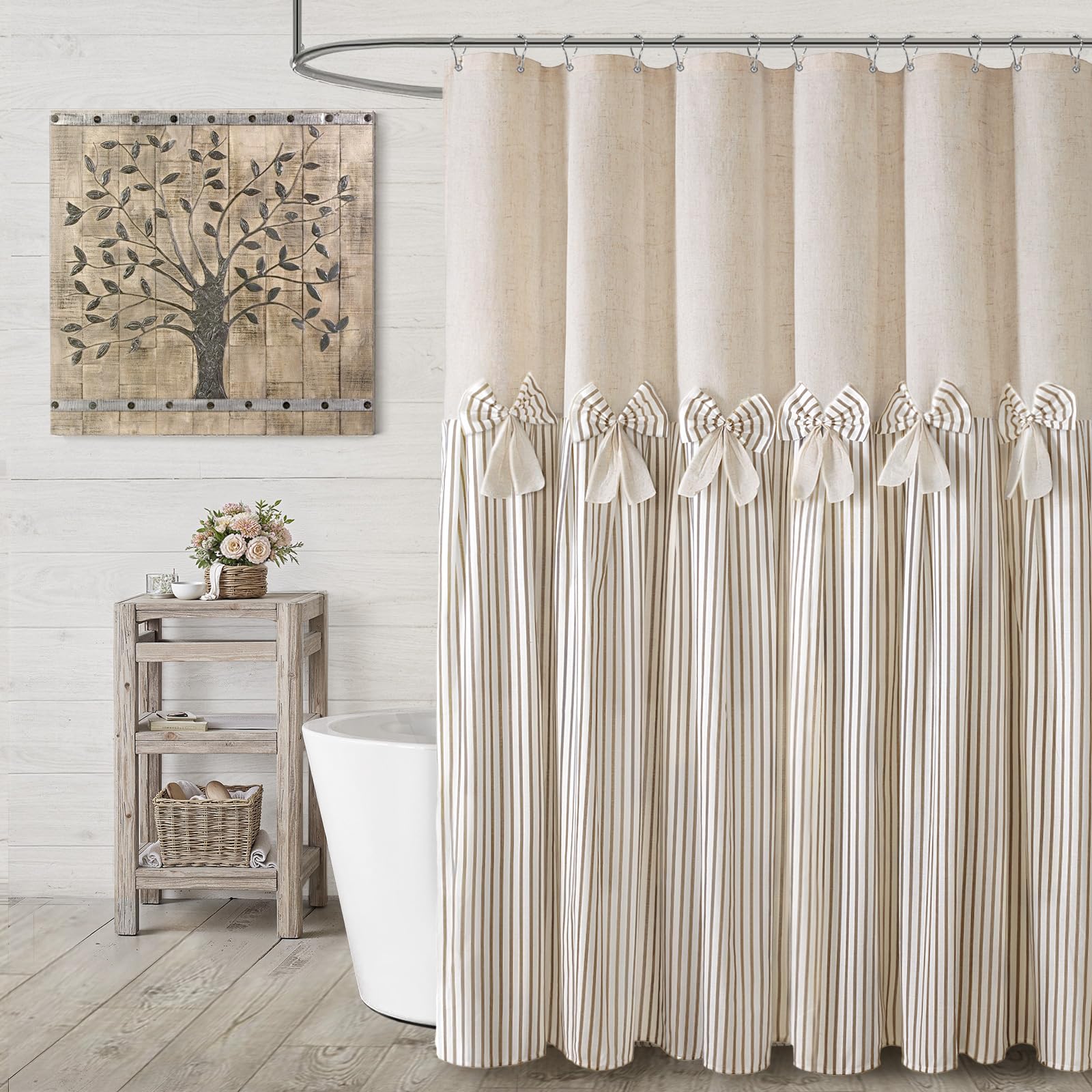 XOGUIBO Farmhouse Shower Curtain Linen Beige Bow Woven Fabric Country Rustic Western, Pleated Beige Stripe 72" W x 90" L
