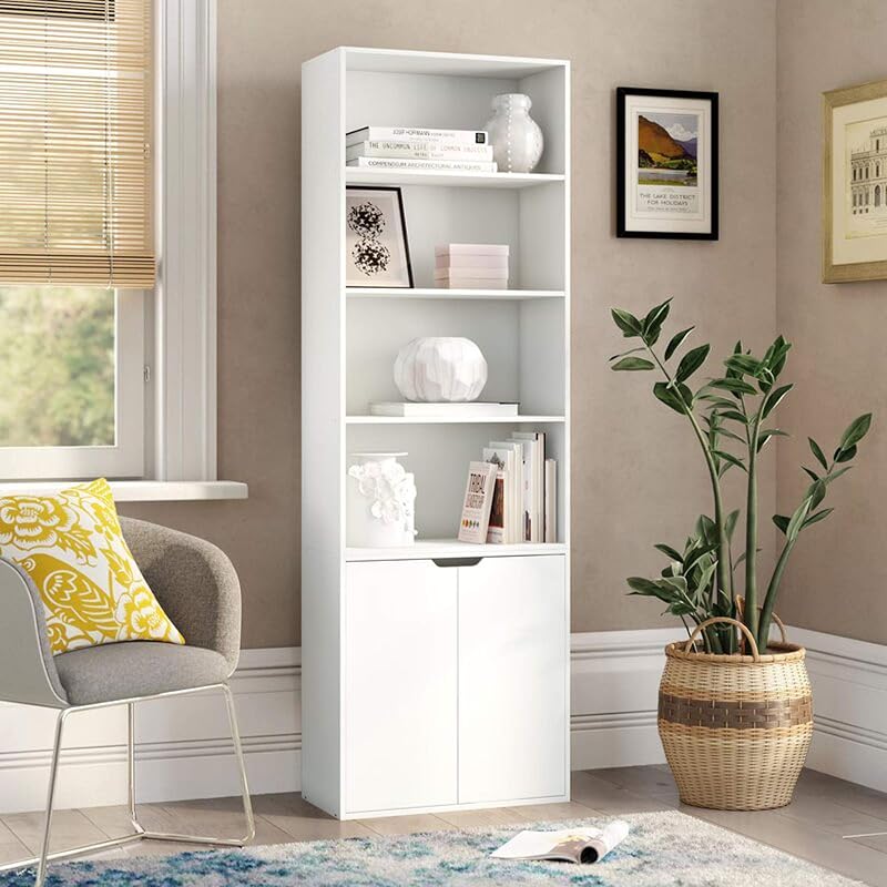 White 6 Tier Bookshelf 2 Doors Cupboard Storage 180cm H 59cm W