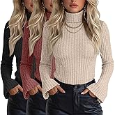 Velvelhall 3 Pack Women's Turtleneck Sweaters Slim Fit Ribbed Knitted Bell Long Sleeve Pullover Shirt Basic Tops Fall Winter