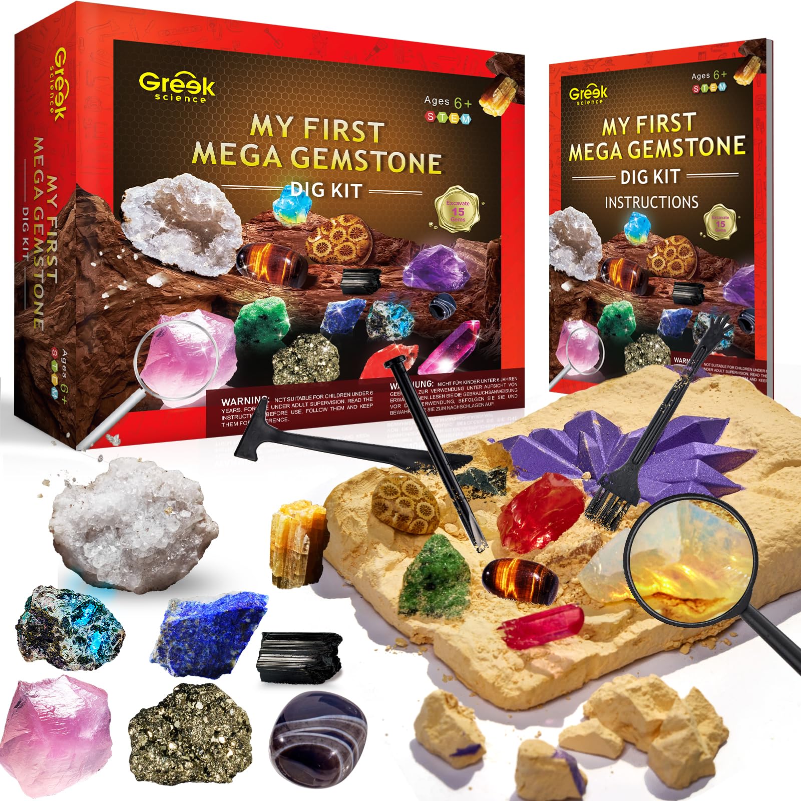 Greek Science My First Mega Gemstone Digging Kit for Kids, Excavate 15 Real Gems and Crystals, Stem Educational Geology Fun Projects for Boys Girls