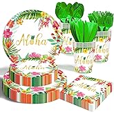 Hawaiian Luau Party Decorations Supplies - 175 PCS Aloha Tropical Birthday Party Decorations Disposable Dinnerware Set (25 Guest) With Paper Plates Napkin Cup for Summer Beach Themed Pool