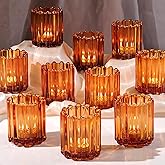 HAVITI Glass Amber Votive Candle Holder, Ribbed Votive Candle Holders Set of 12, Tealight Candle Holder for Wedding Centerpieces Dinner Party Table Decor