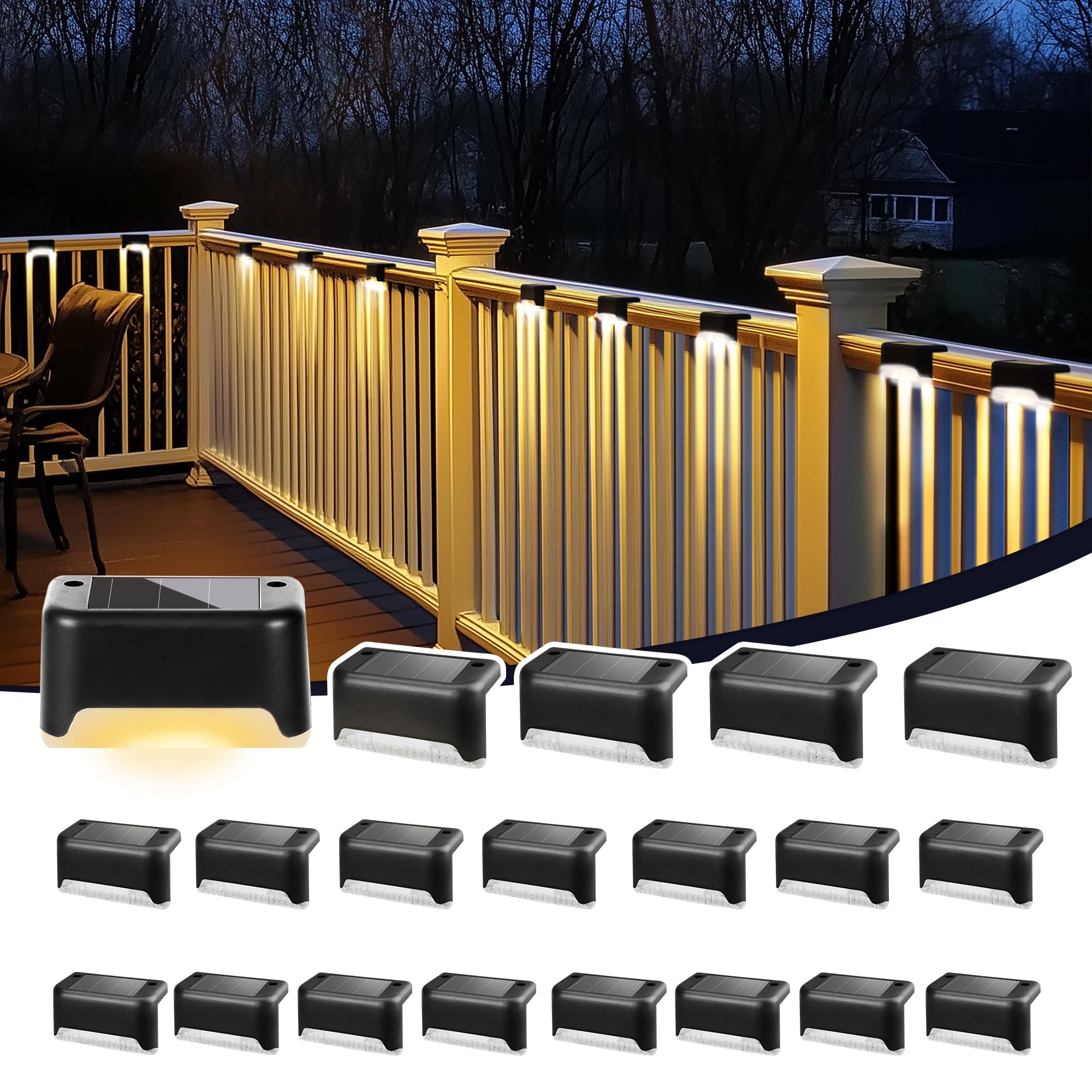 Photo 1 of PATIOWIN Solar Deck Lights Outdoor, Solar Step Lights Waterproof Led Lights for Outdoor Stairs, Step, Fence, Patio,Yard,Porch and Balcony(20 Pack,Warm White)