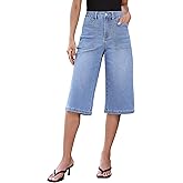 luvamia Capri Jeans for Women Wide Leg Trendy High Waisted Casual Summer Stretchy Denim Culottes Capri Pants with Pocket