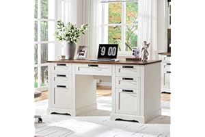 RedLemon 60" Farmhouse Executive Desk with Drawers, Wood Home Office Desk w/Charging Station, Keyboard Tray, File Drawer, Storage Cabinet, Rustic Computer Writing Desk (Antique White)