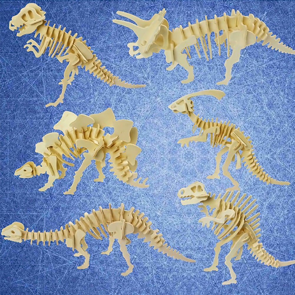 Dinosaur 3D Wooden Puzzle, Stegosaurus Triceratops Tyrannosaurus Spinosaurus Brontosaurus Hadrosaurus DIY Models Set Puzzle Gift Brain Teaser Toy for Kids Adult