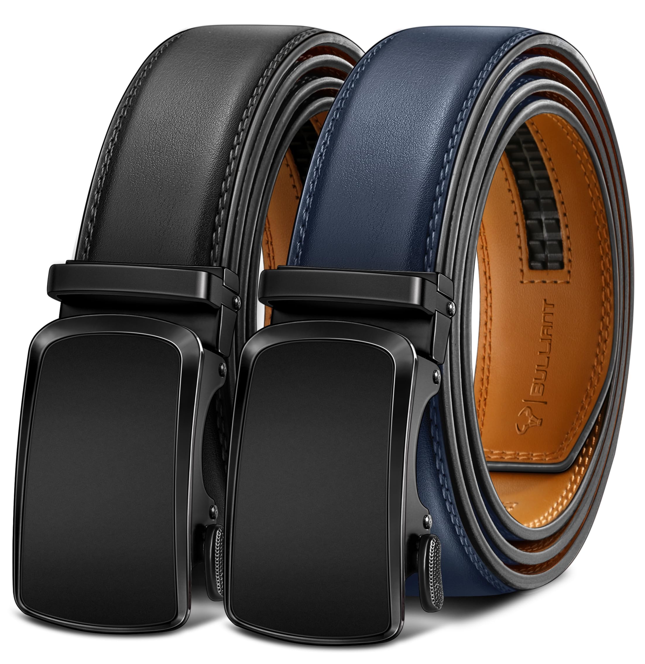 BULLIANT Men's Ratchet Belt 2 Pack-Click Leather Belt Adjustable for Men Gift 1 3/8-Cut for Perfect Fit(Black/Purplish Blue,44"-52" Waist Adjustable) Image