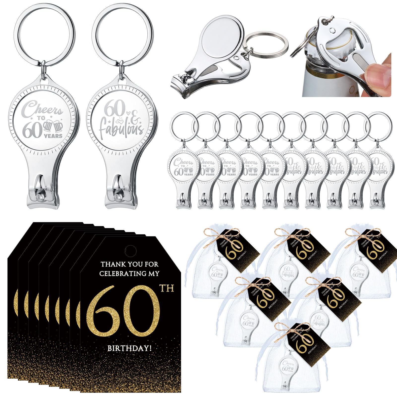 Photo 1 of Zeyune 30 Sets 60th Birthday Party Favors for Guests Beer Bottle Opener Nail Clippers Keychains Bulk Thank You Cards with Organza Gift Bags for Birthday Anniversary Souvenirs Return Gifts