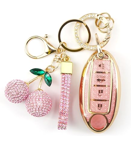 Sparkly Key Fob Cover With Cherry Keychain, Bling TPU Smart Key Case For Women Compatible With Nissan Pathfinder Rogue Kicks 2023 2024 (5 Button Gold Red) I.1664959879 - View #6