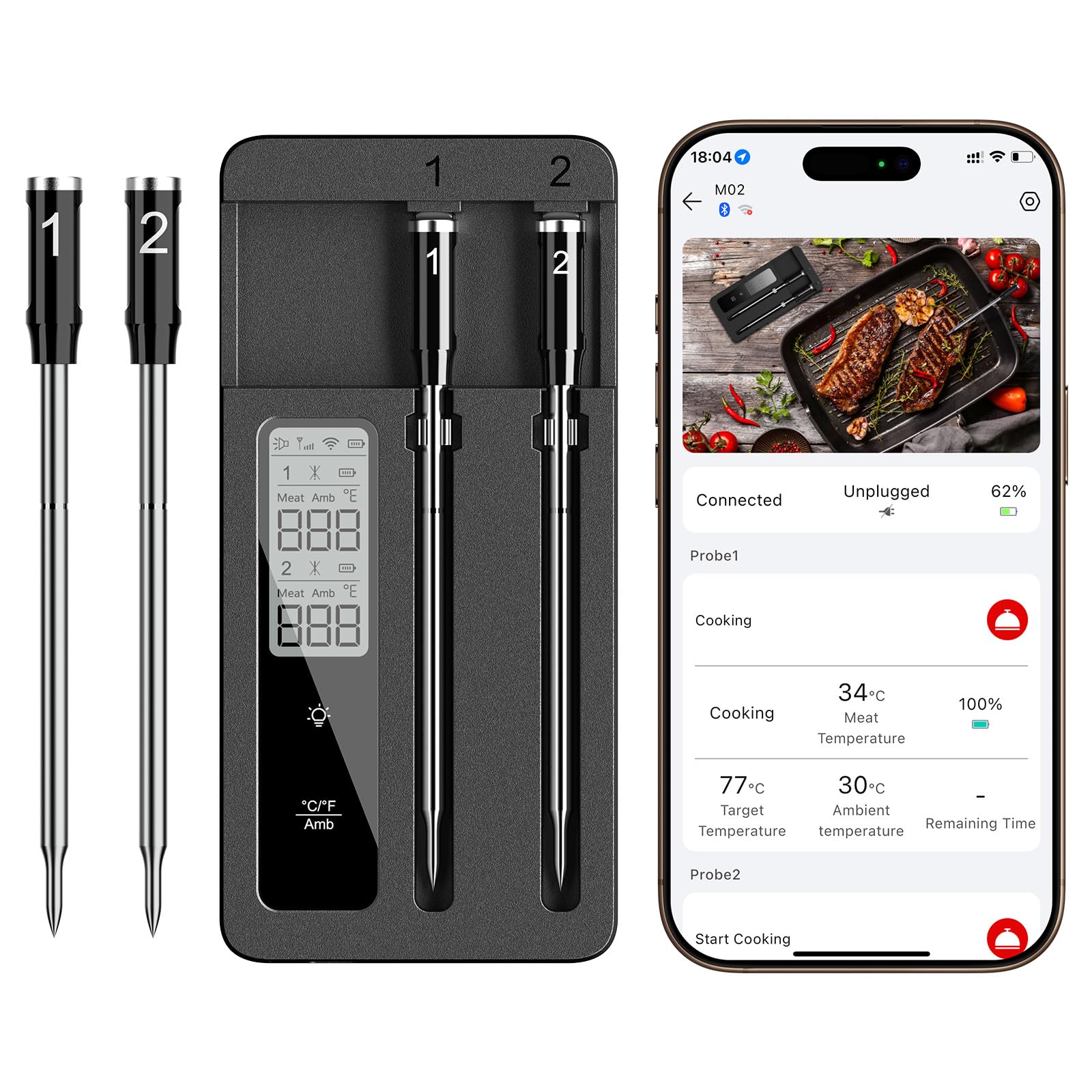 Photo 1 of Smart Wireless Meat Thermometer with Dual Probes, Bluetooth & WiFi Combo, High Precision & Fast Response for BBQ, Grill, Smoker, Oven, Air Fryer
