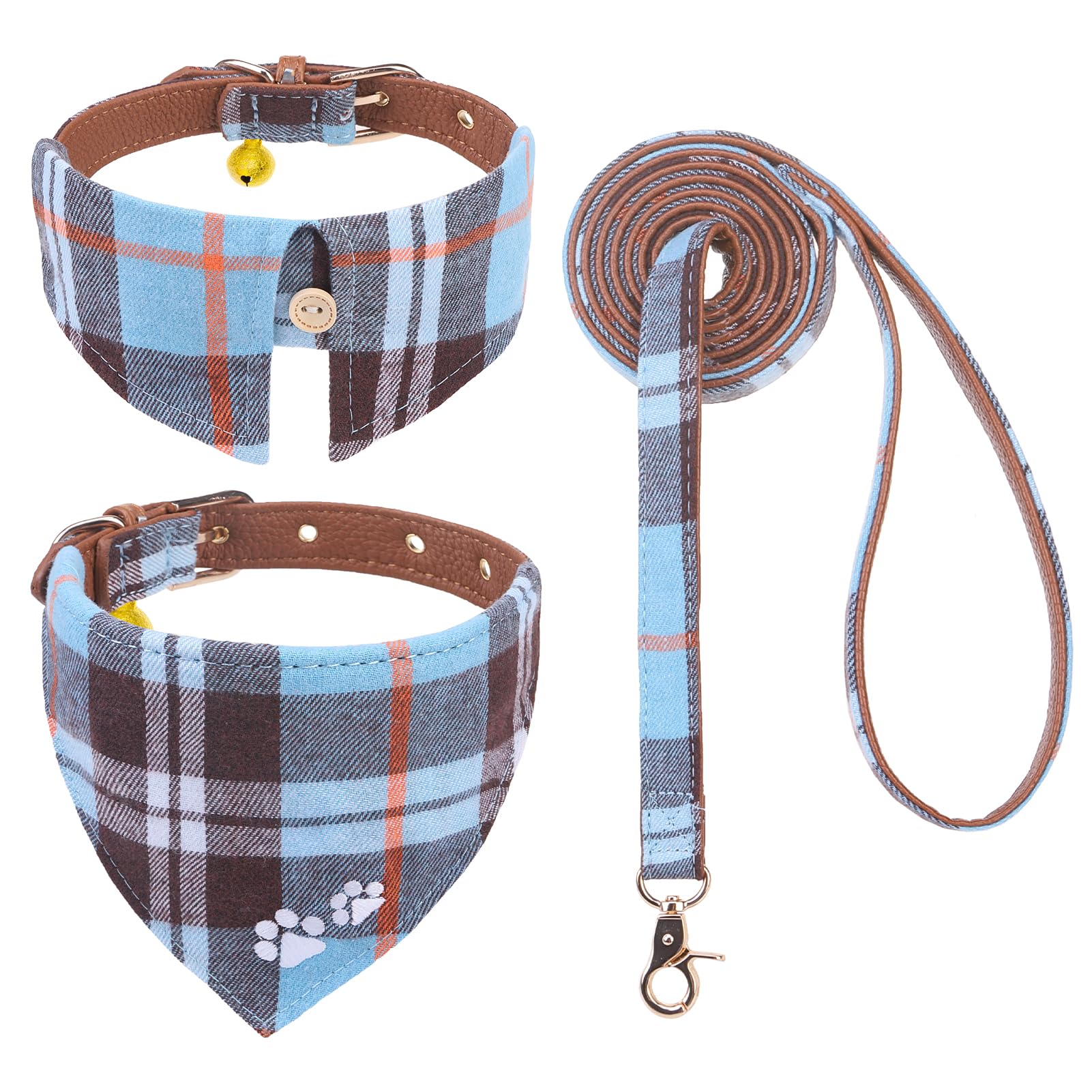 Photo 1 of EXPAWLORER Puppy Collar and Leash - Embroidery Pawprints Plaid Small Dog Collar and Leash Set, Cute Dog Bandana Collar with Bell, Adjustable Dog Collars for Small Dogs Cats Girl Boy, SkyBlue Small