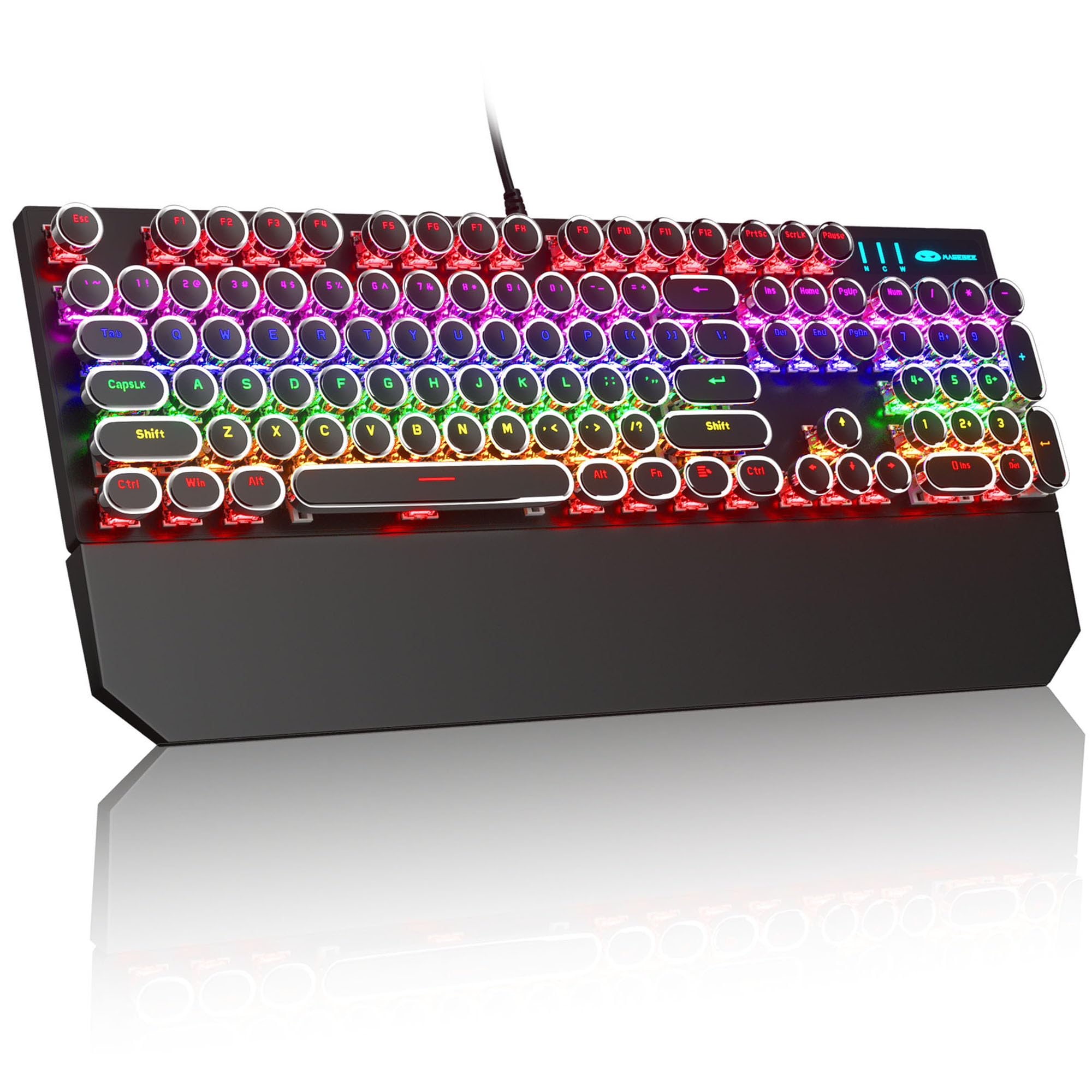 MageGee Typewriter Mechanical Gaming Keyboard, Retro Black Punk Round Keycaps RGB Rainbow Backlit Wired Keyboards for Laptop MAC PC Gamer, with Magnetic Wrist Rest - Blue Switch