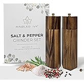 Kindled Ivy Acacia Wooden Pepper Grinder and Salt Grinder Shaker Mill Set - Beautiful Natural Wood, Fancy Gold Tops, Ceramic 