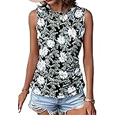 Zeagoo Womens Summer Tops 2025 Crew Neck Sleeveless Shirts Side Ruched Going Out Basic Tank Tops Black White Blue Flower S