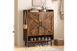 Yaheetech Shoe Storage Cabinet with Doors, Farmhouse Shoe Cabinet with 2 Adjustable Shelves and 4 Side Hooks, Wooden Shoe Rack Organizer Cabinet for Entryway, Foyer, Hallway, Rustic Brown