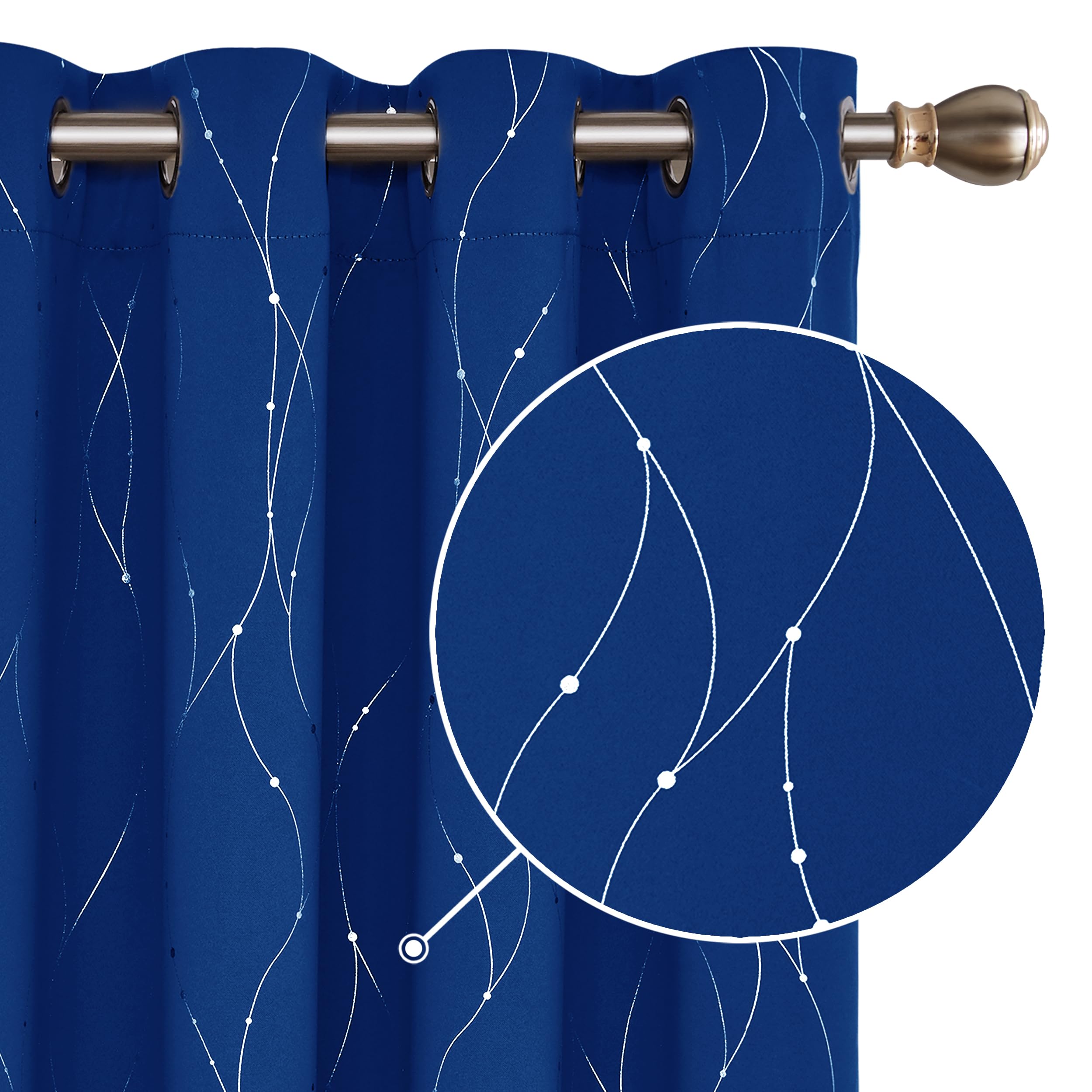 Deconovo Dot Line Decorative Super Soft Thermal Insulated Energy Saving Blackout Curtains for Living Room Blue 52 x 63 Inch 2 Panels